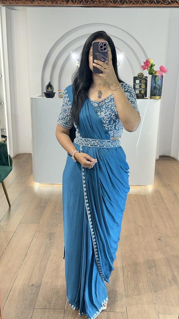 Predraped Saree With Heavy Handwork Blouse.