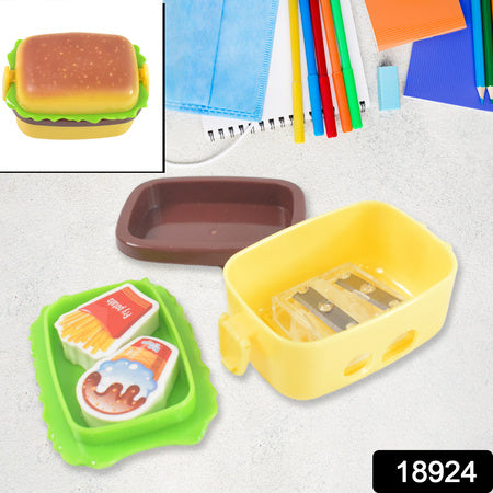 Plastic Burger Shape Small Size Double Hole Sharpener With Eraser (1 Set)