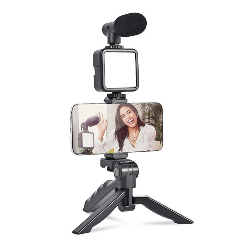 6054 Vlogging Kit For Video Making With Mic Mini Tripod Stand Led Light  Phone Holder Clip For Making Videos