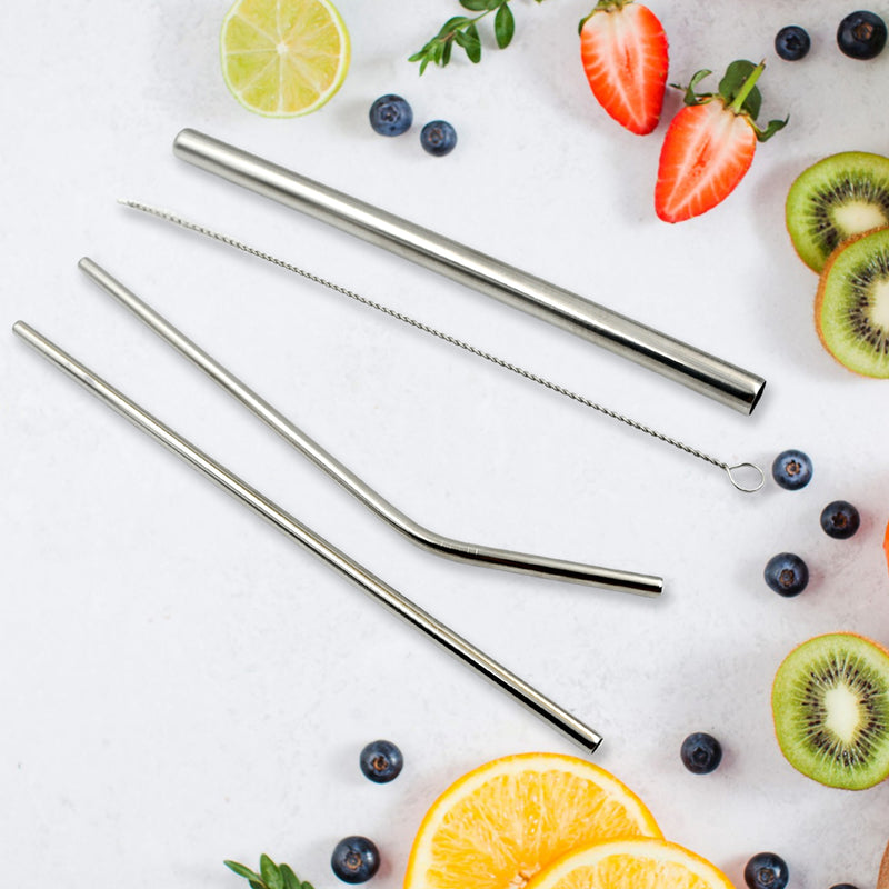 0600 Reusable Stainless Steel Straws With Travel Case Cleaning Brush Eco Friendly Extra Long Metal Straws Drinking Set Of 4 (2 Straight Straws 1 Bent Straws 1 Brush)