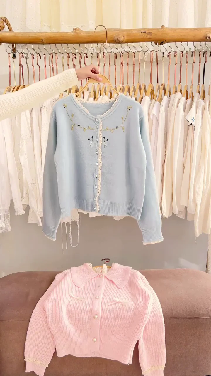 Lace-Trim Floral Embroidered Sweaters & Bow-Collar Buttoned Tops 🧥 Available in Blue & Pink